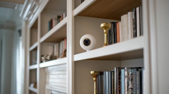 Expert discreetly fixes a covert camera inside a bookshelf blending seamlessly with home decor to monitor activity without drawing attention.