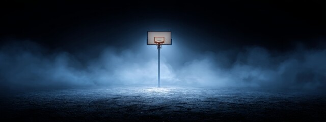 Basketball hoop illuminated by blue fog, dramatic lighting, dark background, empty court atmosphere