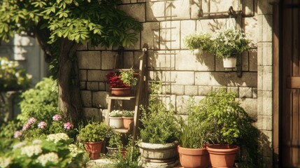 Charming Garden Scene with Flowers and Greenery Near Rustic Stone Wall in Sunlit Outdoor Space for Serene Home Decoration Inspiration