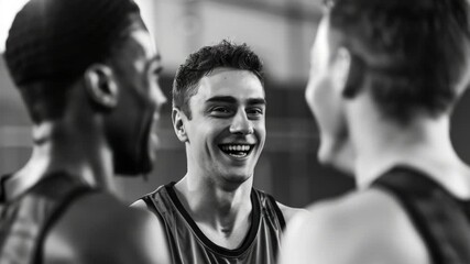 An athlete beaming with joy after a victory. He is surrounded by his teammates and competitors who share in his happiness.