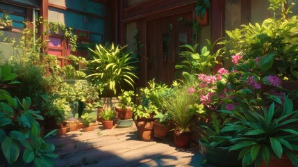Lush Greenery in a Bright, Vibrant Garden Space Surrounded by Tropical Plants and Colorful Flowering Pots, Capturing Nature&rsquo;s Tranquility and Beauty