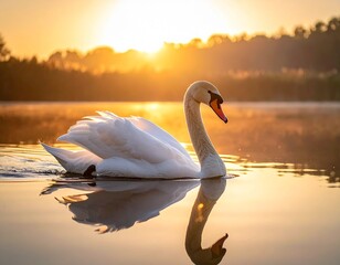 Obraz premium Elegant swan gliding on lake at sunset, romantic golden reflection
