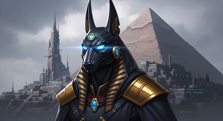 Anubis Guardian of Ancient Egypt, Standing Against Futuristic Civilization