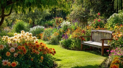 Obraz premium Serene Garden Pathway Surrounded by Vibrant Flowers and a Peaceful Wooden Bench for Relaxation in a Lush Landscape of Nature's Beauty