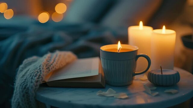 A tranquil scene of a coffee cup, lit candles, and a book, all set on a bed adorned with soft blankets, creating an atmosphere of relaxation and comfort.