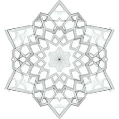 Intricate symmetrical white geometric pattern on black background.