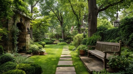 Tranquil Garden Pathway Surrounded by Lush Greenery and Stone Features in Bright Natural Light