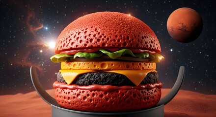 An otherworldly cheeseburger concept art with a red porous bun on a stand, with planet Mars and a galaxy in the background