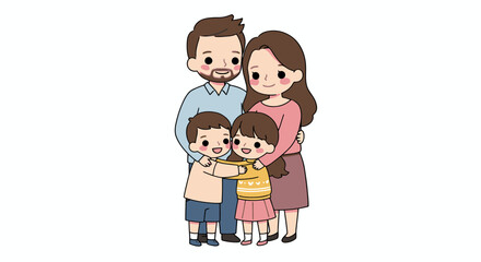 Obraz premium A happy, diverse family of four, including parents and two young children, embracing together in a warm, loving, and joyful cartoon illustration.