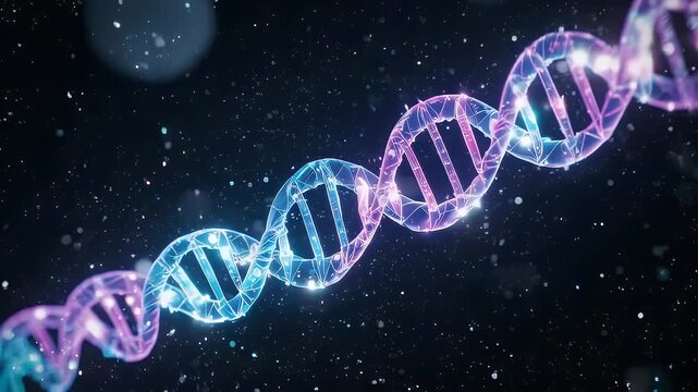 A glowing, molecular DNA strand spirals against a dark, starry backdrop, with luminescent particles