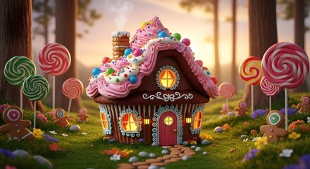 Enchanting Gingerbread House in a Magical Forest with Lollipops and Candy Decor
