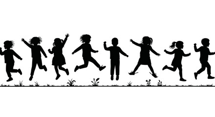 Obraz premium Diverse group of happy children silhouettes jumping and playing joyfully together on green grass in a vibrant outdoor setting.