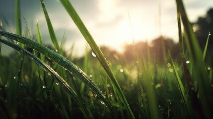 Close up view of dewy grass at sunrise with soft golden light