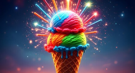 Colorful Ice Cream Cone Bursting with Fireworks A Festive Treat