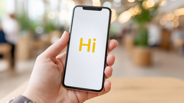 Say hi day celebration with hand holding smartphone displaying hi message - Powered by Adobe