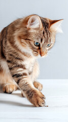 Fluffy cat in playful crouch stance with focused expression