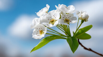 Obraz premium Pear blossoms bloom against clear blue sky with fluffy clouds