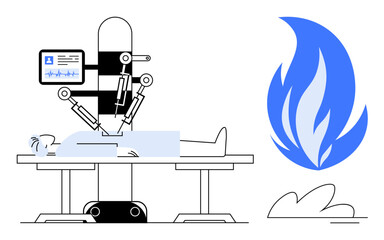 Robotic surgical system assisting in medical procedures on a patient with nearby blue flame. Ideal for healthcare, technology, precision, innovation, risk, future solutions, advanced medicine. Simple