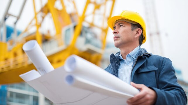 Construction worker with blueprints observing crane at building site in urban area, focused on project planning and safe construction practices