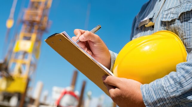 Construction Worker with Hard Hat and Clipboard Taking Notes at Job Site During Bright Sunny Day in Industrial Environment