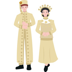 Indonesian Couple Wearing Traditional Beige Attire With Intricate Patterns And Headwear Standing Together On Transparent Background