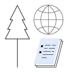 Simplistic tree, globe with latitude-longitude lines, and stack of papers. Ideal for nature, ecology, sustainability, global awareness, education environmental policy green initiatives. Simple flat