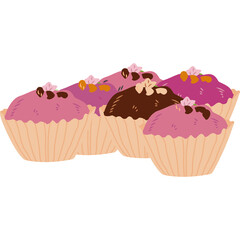 Group of Five Pink and Chocolate Cupcakes with Frosted Tops and Sprinkles in Tan Paper Liners Isolated on White Background