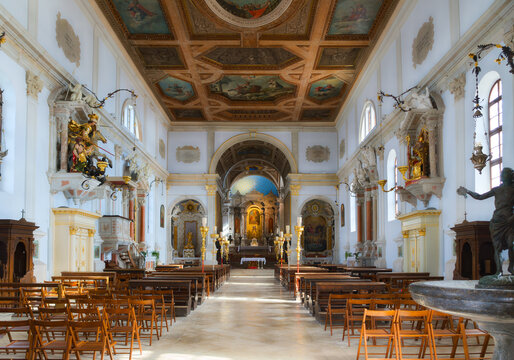 Interior view of the 12th century Parish Church of Saint George whose bell tower is the major landmark in the seaside town of Piran, Slovenia, Istrian Peninsula.
