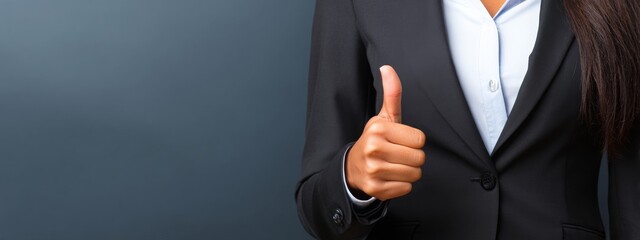 Business woman in black suit showing thumbs up with smile. Corporate success and leadership content