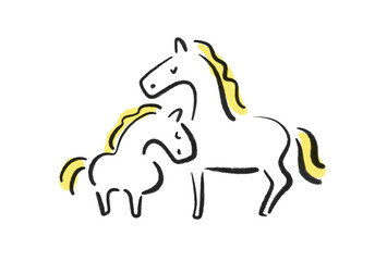 眼を閉じて寄り添う白馬の親子　墨絵　2026
