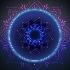 Neon Mandala &ndash; Star Geometry Bloom. A radiant mandala featuring a central star-like geometry formed by overlapping circles and polygons glows in neon blue and purple. 