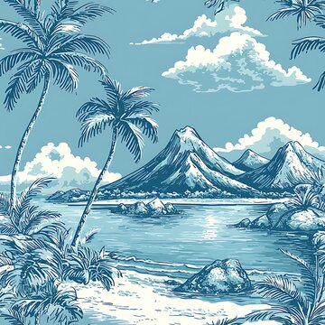 Serene tropical coast with warm colors and blue mountain picture