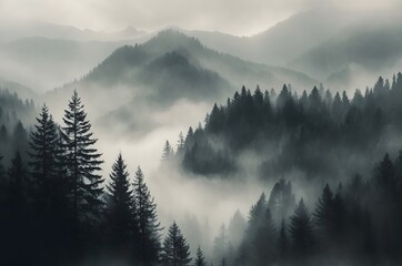 Obraz premium Bosque de montaña cubierto de niebla con tonos grises y atmósfera misteriosa