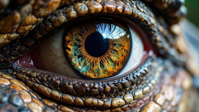 Intense macro shot of a reptile's eye with textured scales and vibrant iris displaying mesmerizing organic patterns, focusing on the unique details