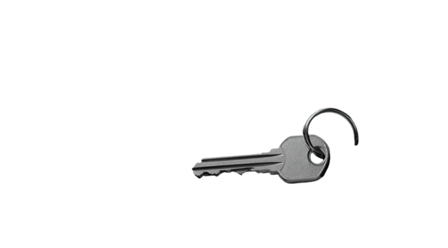 A single key, metallic gray, isolated against black. Small key ring