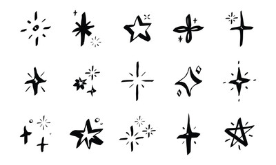 Whimsical sparkle stars doodle set. Shiny and glitter line elements in hand drawn crayon sketch style. Scribble outline vector illustration