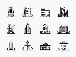 Minimalist Vector Building Icon Set for Urban Architecture and Cityscape Design