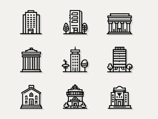 Vector Collection of City Buildings and Landmarks in Minimalist Line Style for Urban Design