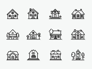 Minimalist Vector House Icon Set in Black Line Style for Residential Branding and Web Design