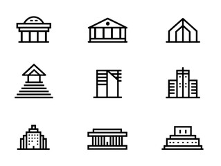Vector Icon Set of Architectural Building Symbols in Minimalist Line Style for Urban Design and Business Branding