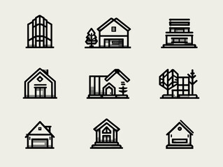 Vector Illustration Set of Modern House Icons with Geometric Style in Black Line Art