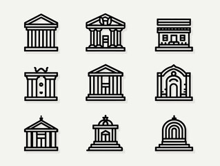 Vector Icon Set of Classical Building Facades in Minimalist Style for Architecture and Heritage Design