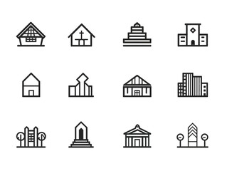 Vector Icon Set of Building Structures in Minimalist Line Style for Urban and Architectural Design