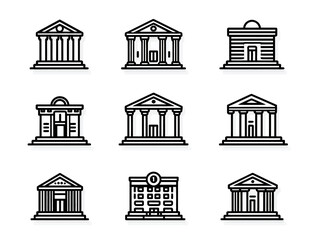 Vector Illustration of Classical Government Buildings in Minimalist Style with Black and White Color Scheme