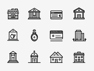 Minimalist Vector Icon Set of Building Structures and Financial Elements in Black Line Style