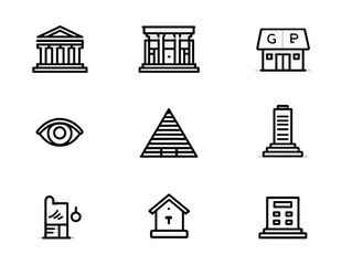 Vector Icon Set of Architectural Buildings and Landmarks in Minimalist Style with Black Line Art