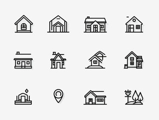 Vector Icon Set of House Types and Landmarks in Minimalist Line Art Style with Black and White Color Scheme