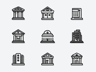 Vector Icon Set of Bank and Government Building Symbols in Modern Minimalist Style