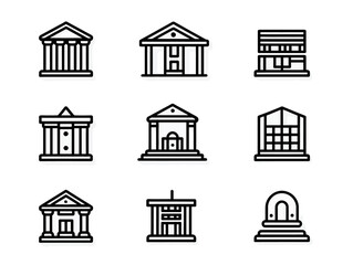 Vector Architecture Icon Set of Classical Building Facades in Minimalist Style with Black Line Art