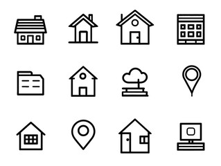Vector Icon Set of House and Location Symbols in Minimalist Line Style for Real Estate and Navigation Applications